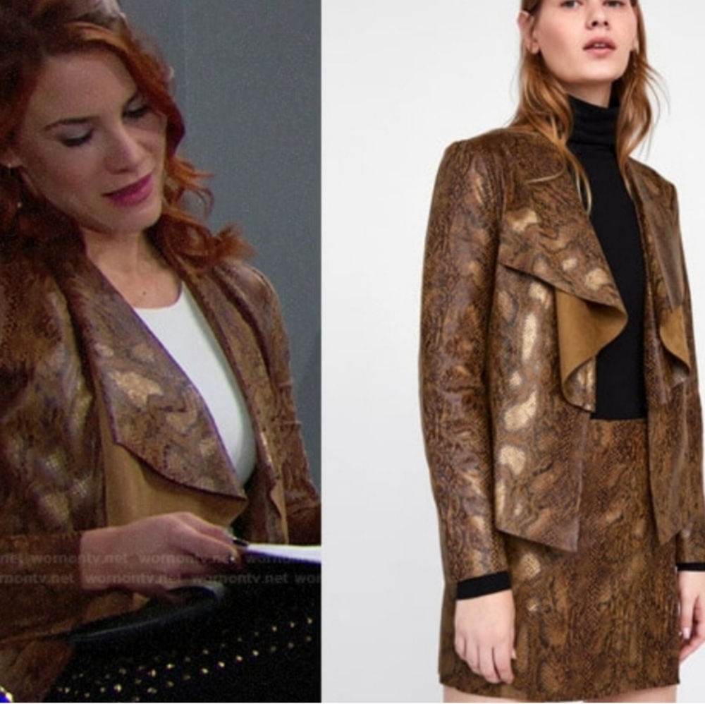 Zara jacket Medium pleather faux leather snake print open drape crop brown